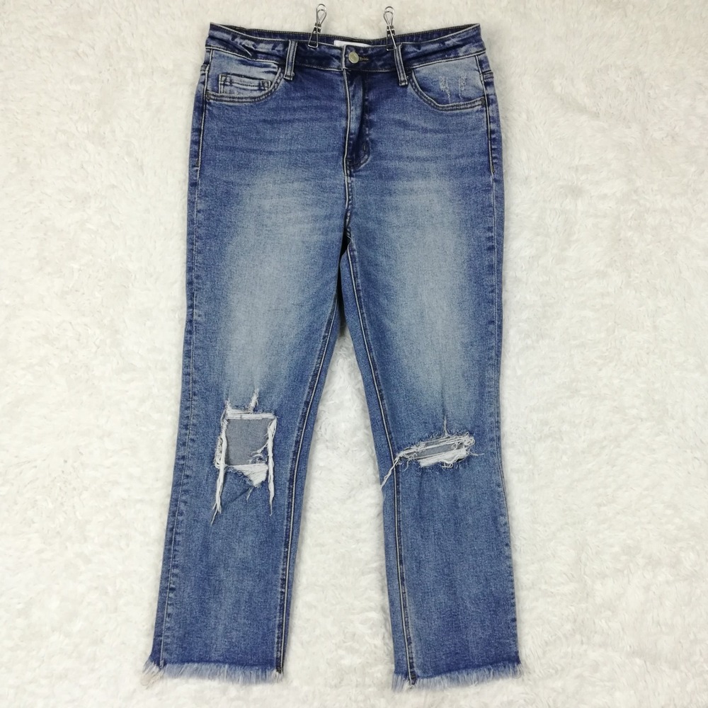 Vervet Womens Jeans Cropped Blue Denim Distressed Frayed Hem Medium Wash 30